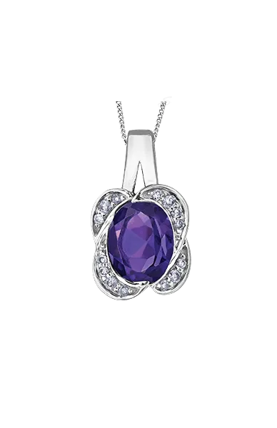 10K White Gold Amethyst and Diamond Pendant with Chain