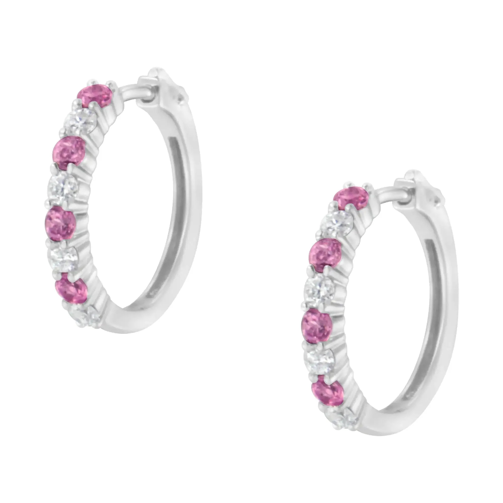 10K White Gold Diamond Hoop Earrings With 2.5MM Sapphire, 1/2 Carat TDW