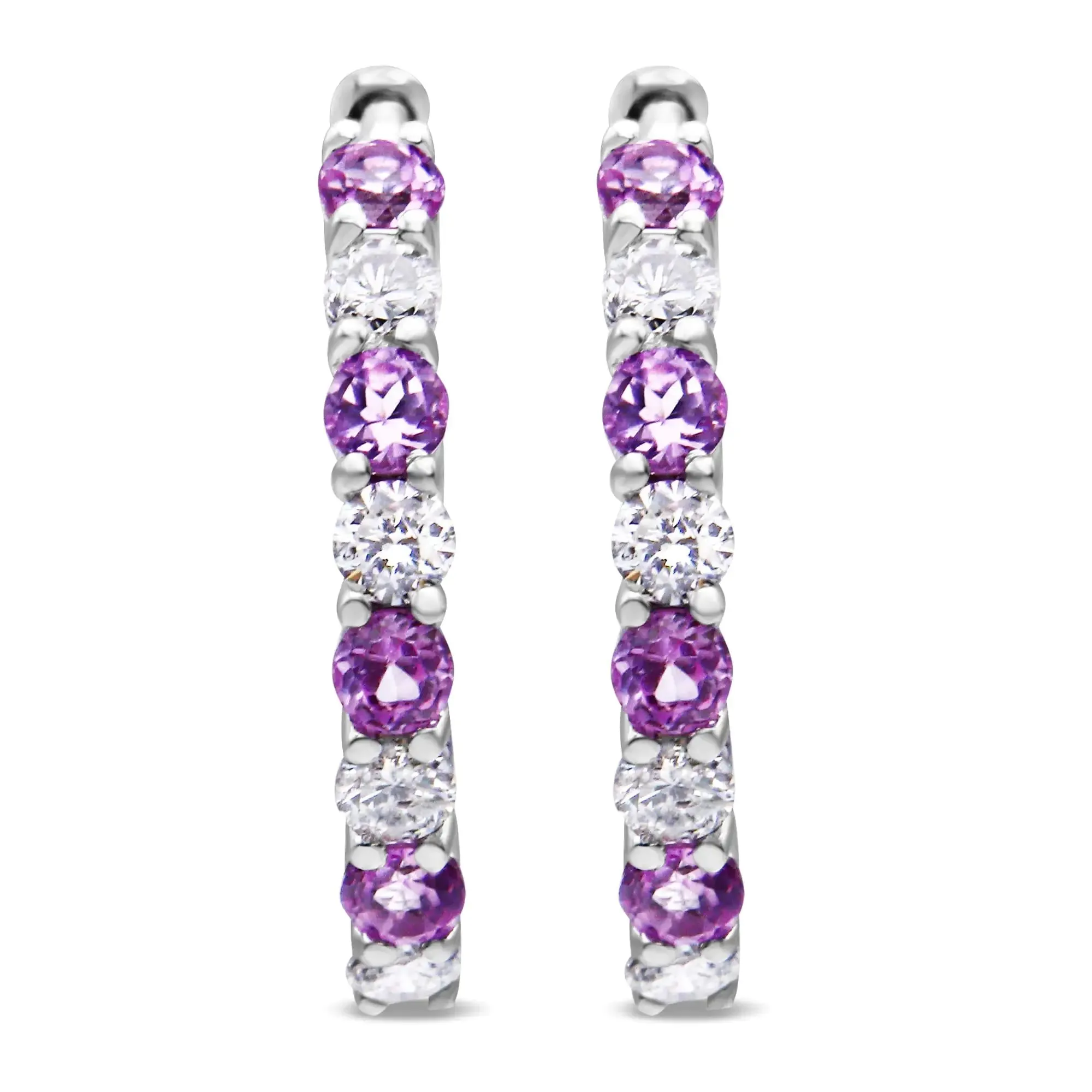 10K White Gold Diamond Hoop Earrings With 2.5MM Sapphire, 1/2 Carat TDW