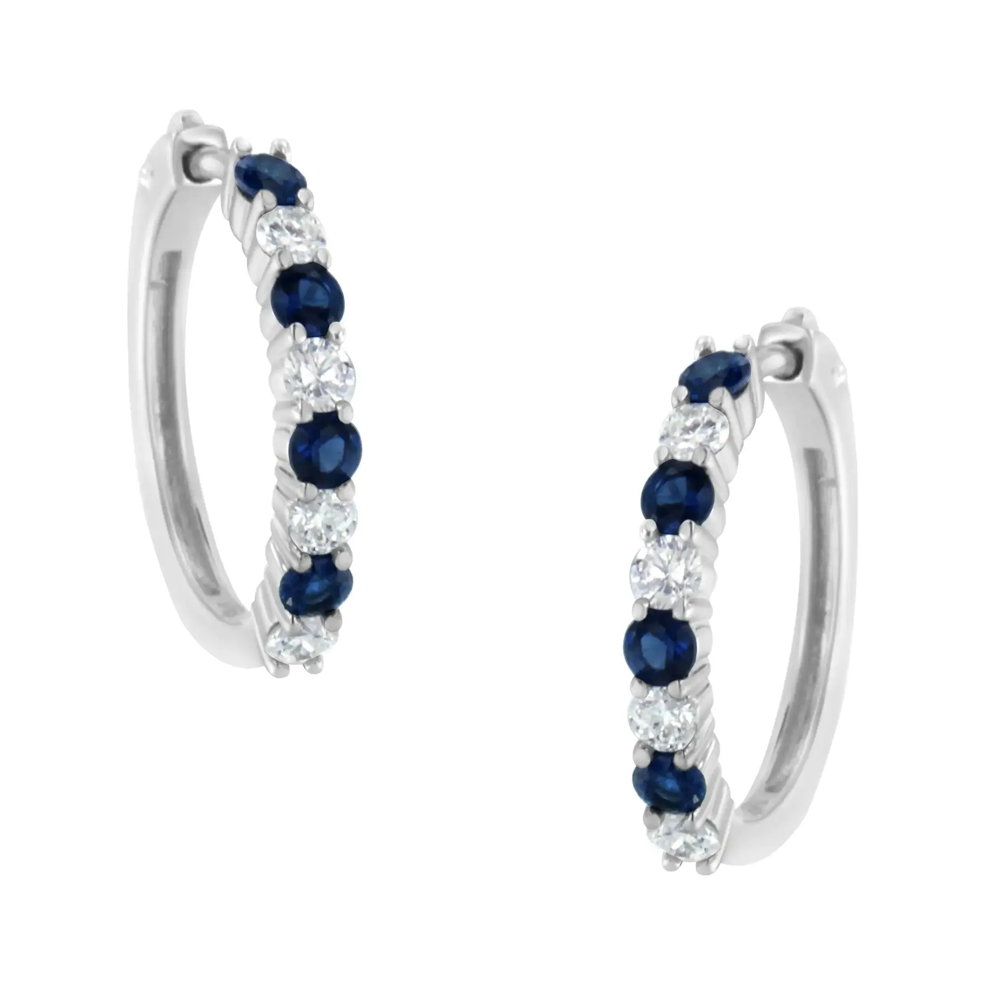 10K White Gold Diamond Hoop Earrings With 2.5MM Sapphire, 1/2 Carat TDW