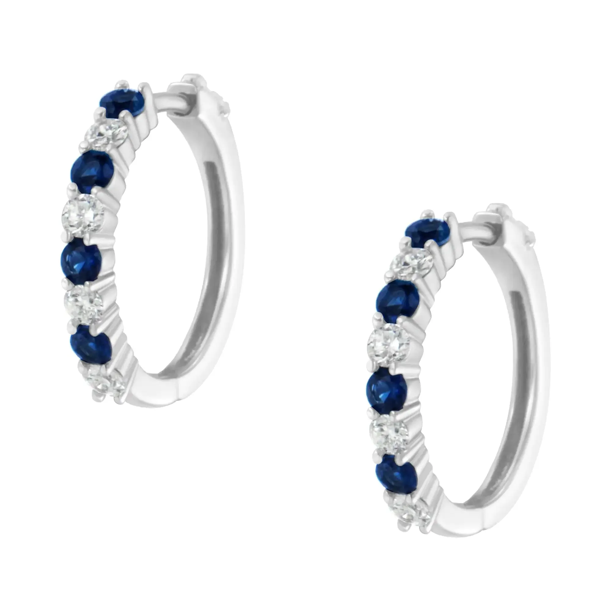 10K White Gold Diamond Hoop Earrings With 2.5MM Sapphire, 1/2 Carat TDW