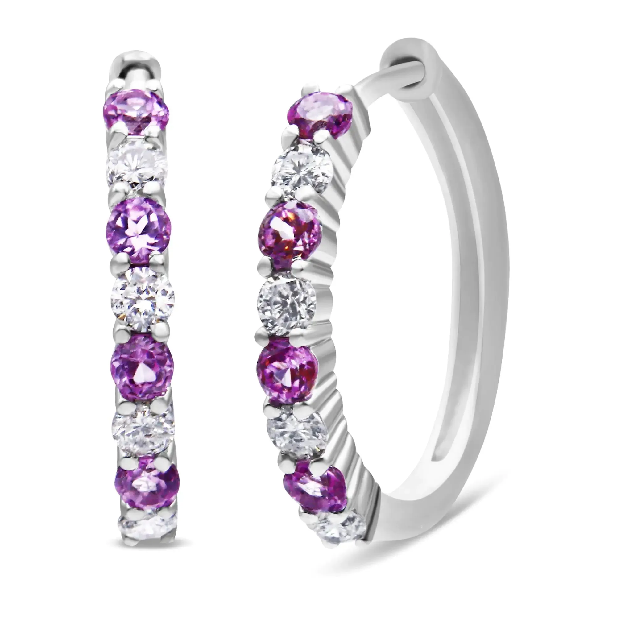 10K White Gold Diamond Hoop Earrings With 2.5MM Sapphire, 1/2 Carat TDW