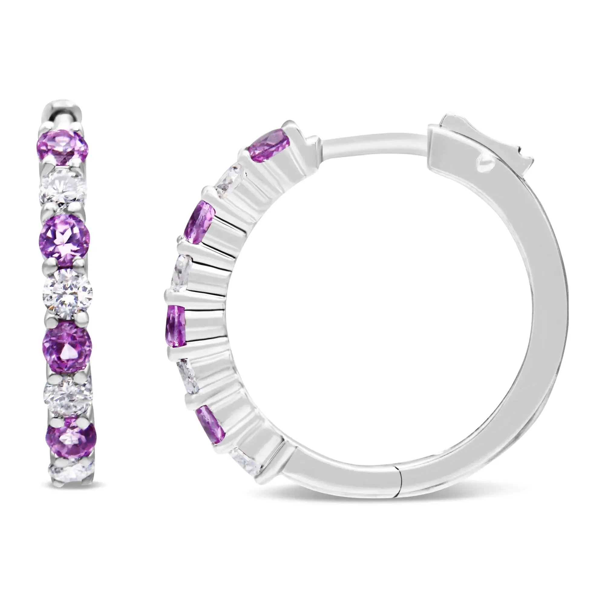 10K White Gold Diamond Hoop Earrings With 2.5MM Sapphire, 1/2 Carat TDW