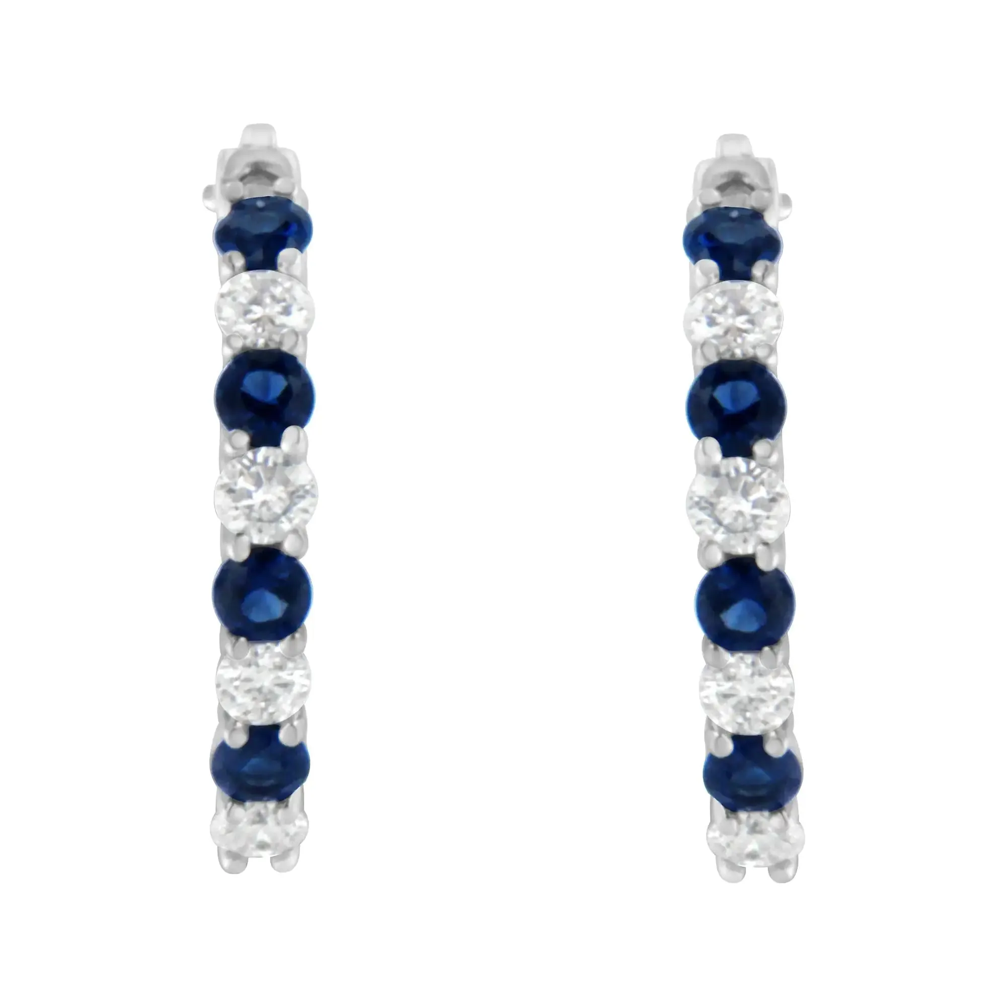 10K White Gold Diamond Hoop Earrings With 2.5MM Sapphire, 1/2 Carat TDW