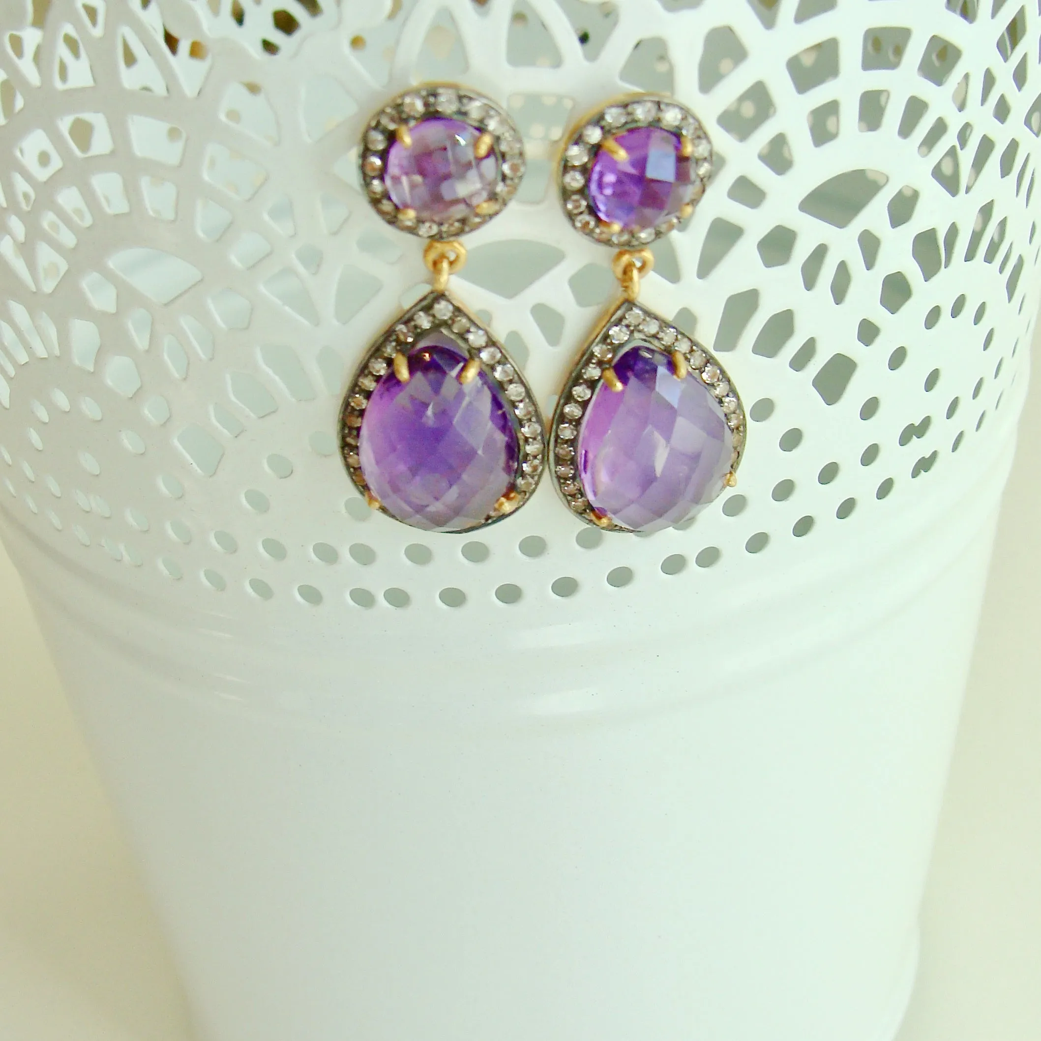 12 Days of Christmas - Amethyst w White Topaz Posts - Amethyst Earrings