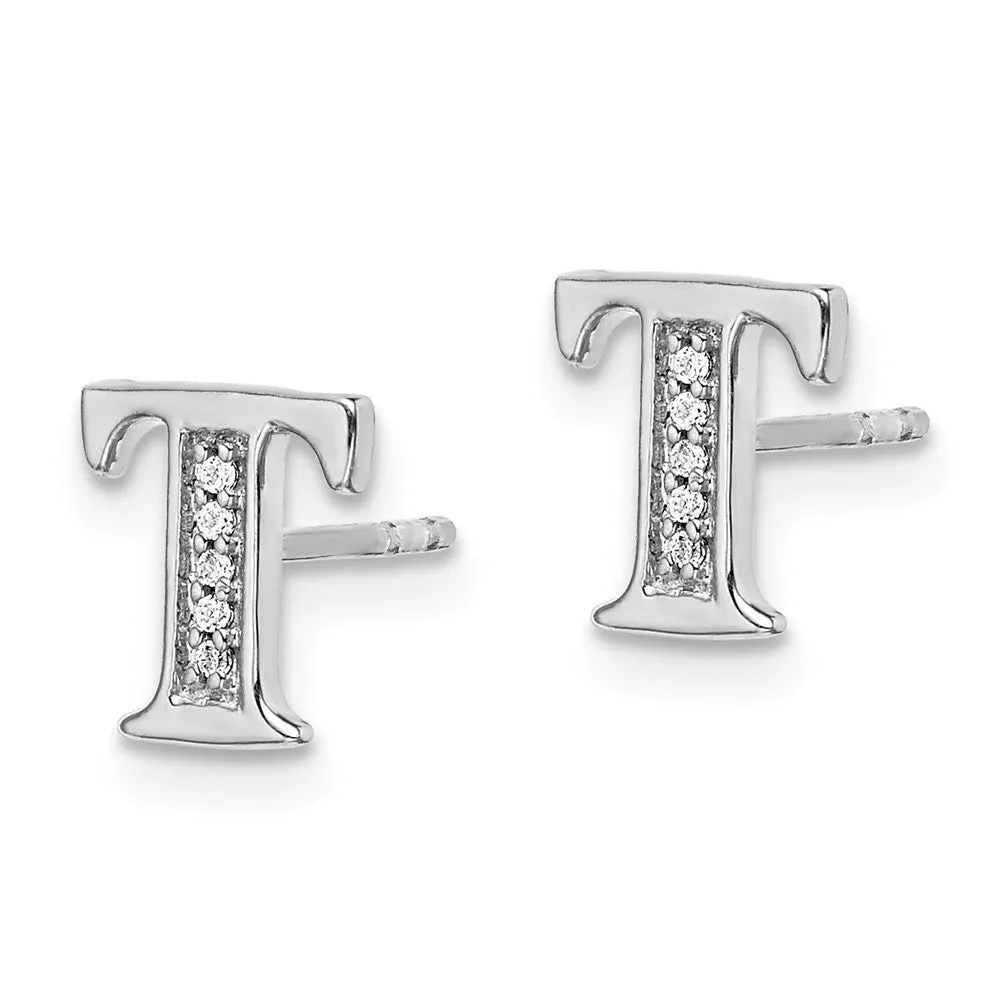 1/33 CTW Natural Diamond Stud Initial Earrings in 14KT White Gold; Initial T