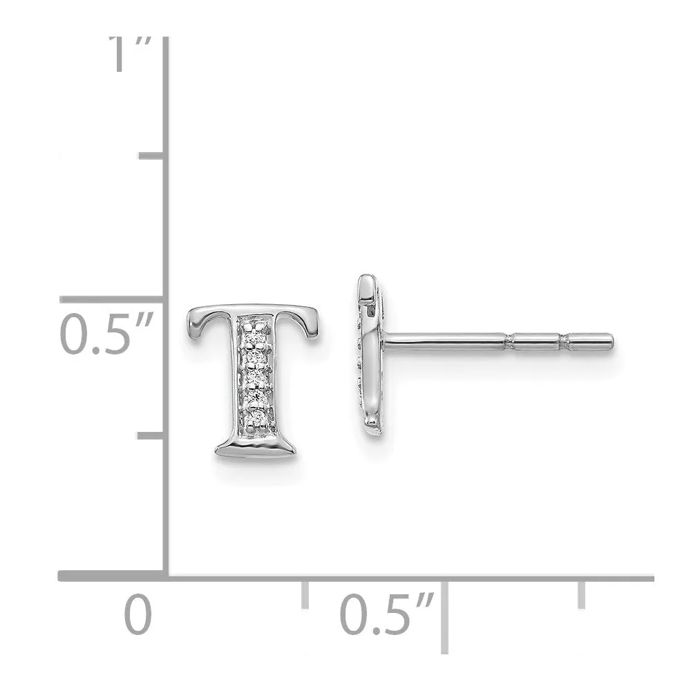 1/33 CTW Natural Diamond Stud Initial Earrings in 14KT White Gold; Initial T