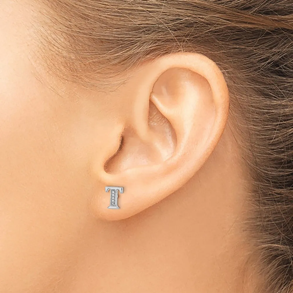 1/33 CTW Natural Diamond Stud Initial Earrings in 14KT White Gold; Initial T