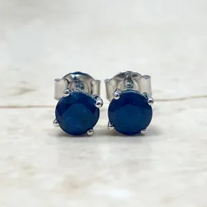 14 Karat White Gold September Birthstone Natural Round Blue Sapphire Stud Earrings