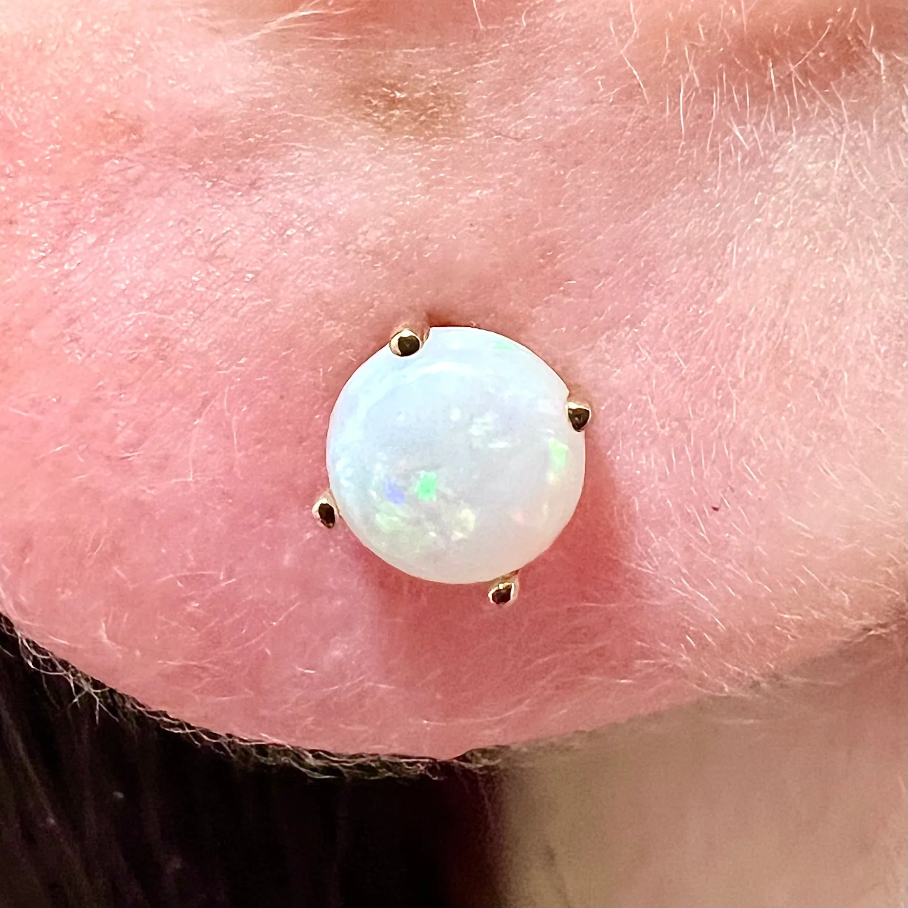 14 Karat Yellow Gold October Birthstone Natural Round Opal Stud Earrings