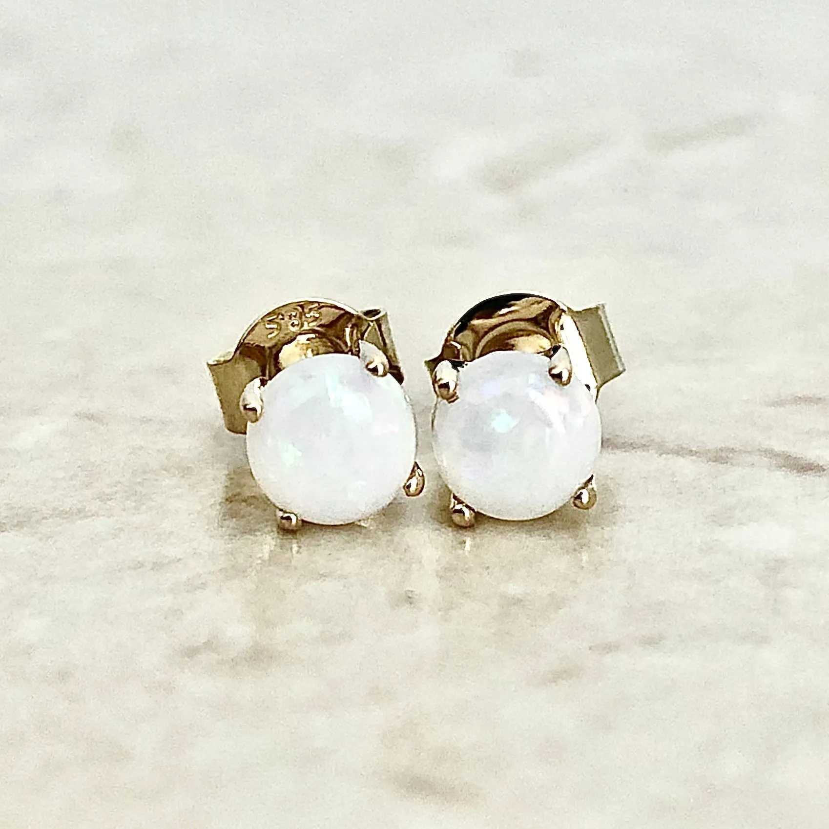 14 Karat Yellow Gold October Birthstone Natural Round Opal Stud Earrings