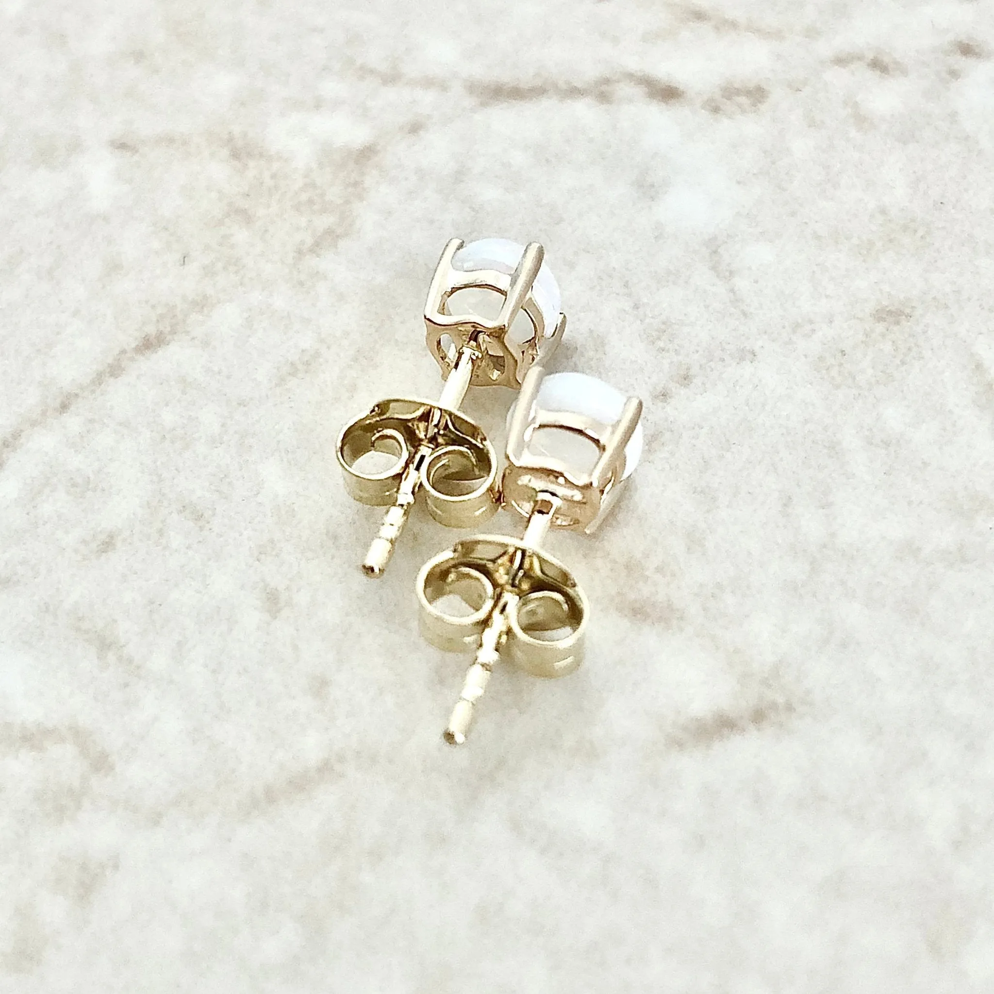 14 Karat Yellow Gold October Birthstone Natural Round Opal Stud Earrings
