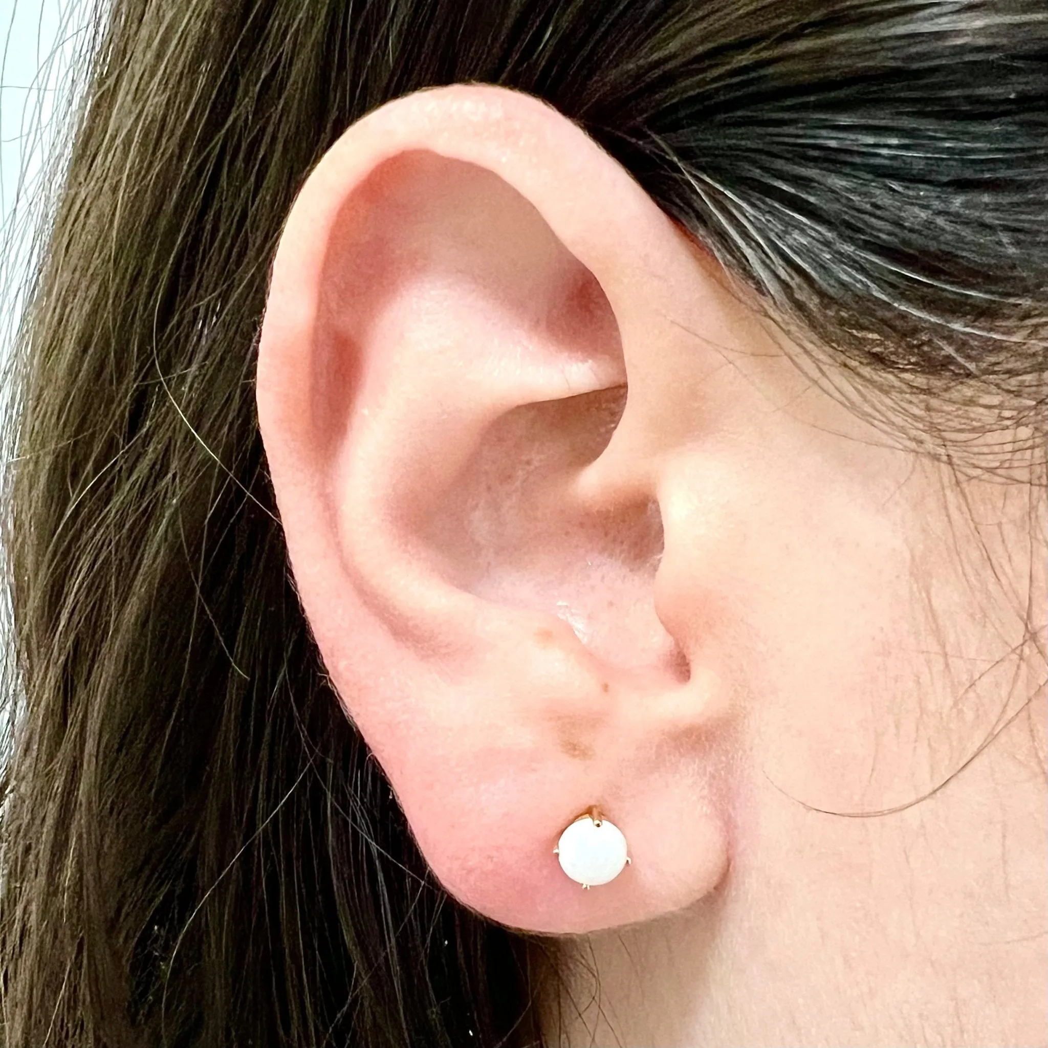 14 Karat Yellow Gold October Birthstone Natural Round Opal Stud Earrings