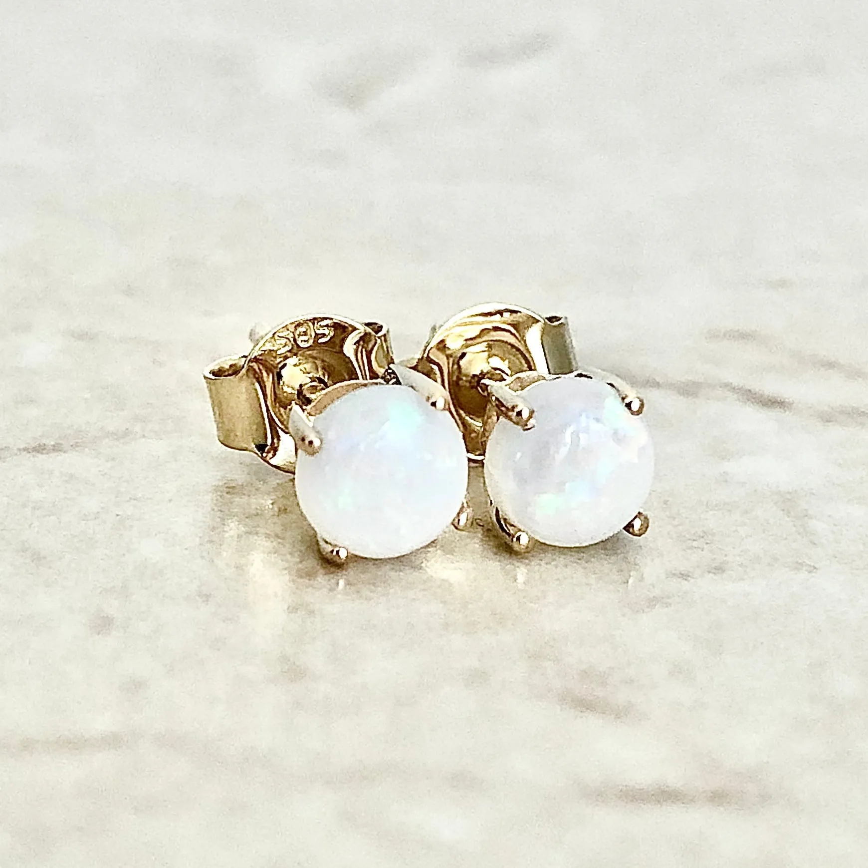 14 Karat Yellow Gold October Birthstone Natural Round Opal Stud Earrings