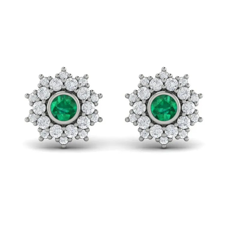 14 KT White Gold Diamond Star Cluster and Emerald Stud Statement Earrings