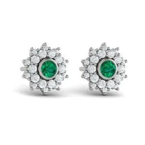 14 KT White Gold Diamond Star Cluster and Emerald Stud Statement Earrings