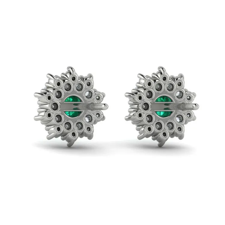 14 KT White Gold Diamond Star Cluster and Emerald Stud Statement Earrings
