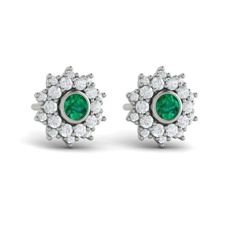 14 KT White Gold Diamond Star Cluster and Emerald Stud Statement Earrings