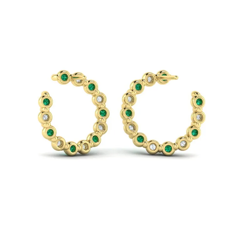 14 KT Yellow Gold Forward-facing Diamond and Emerald  Open Hoop Earrings