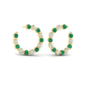 14 KT Yellow Gold Forward-facing Diamond and Emerald  Open Hoop Earrings