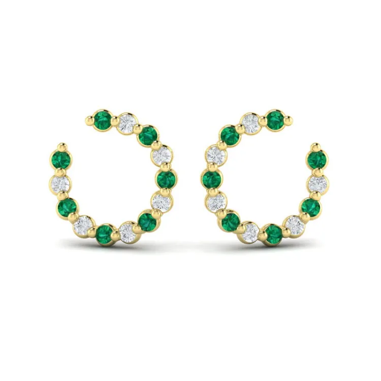 14 KT Yellow Gold Forward-facing Diamond and Emerald  Open Hoop Earrings