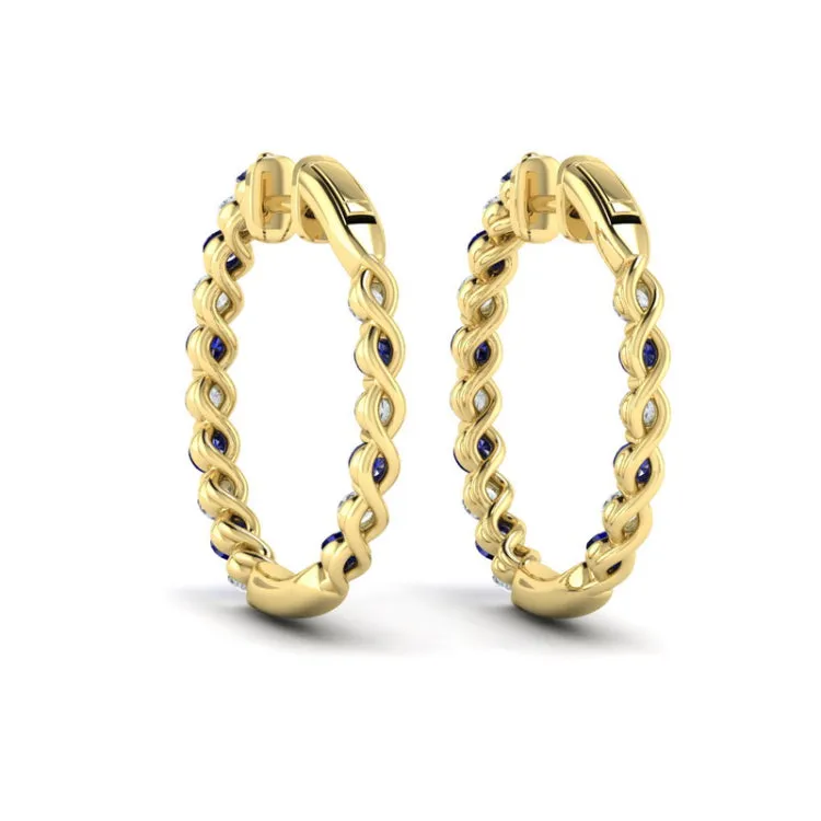 14 KT Yellow Gold Inside Out Diamond and Blue Sapphire  Hoop Earrings