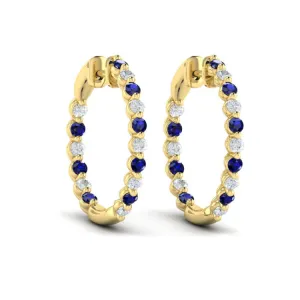 14 KT Yellow Gold Inside Out Diamond and Blue Sapphire  Hoop Earrings
