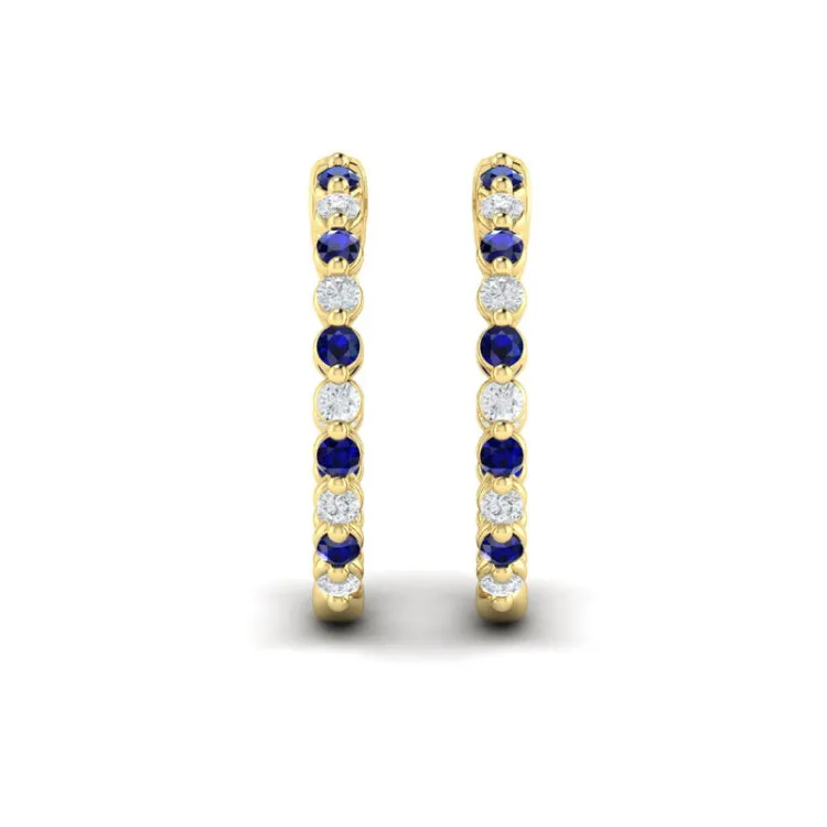 14 KT Yellow Gold Inside Out Diamond and Blue Sapphire  Hoop Earrings
