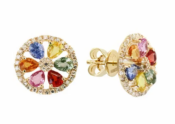14K EFFY YG 2.55 CT Multicolor Sapphire Flower Earrings