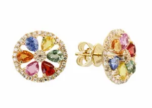 14K EFFY YG 2.55 CT Multicolor Sapphire Flower Earrings