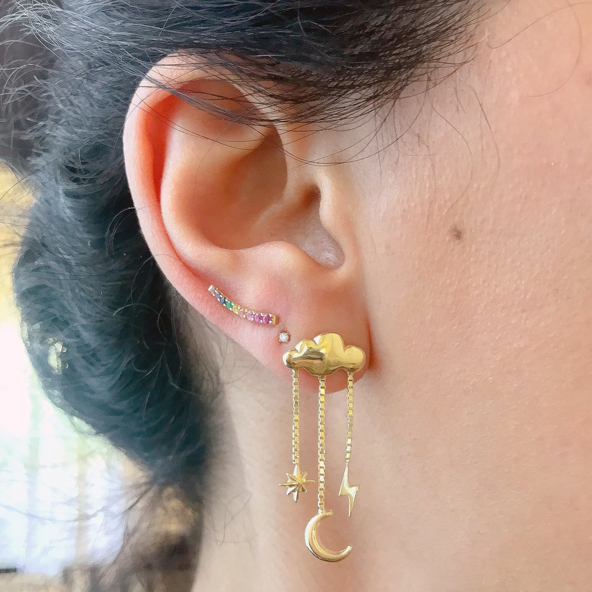 14K Gold Rainbow Gemstone Climber Arch Earrings