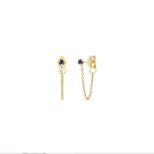 14k Prong Blue Sapphire Chain Huggie Earrings