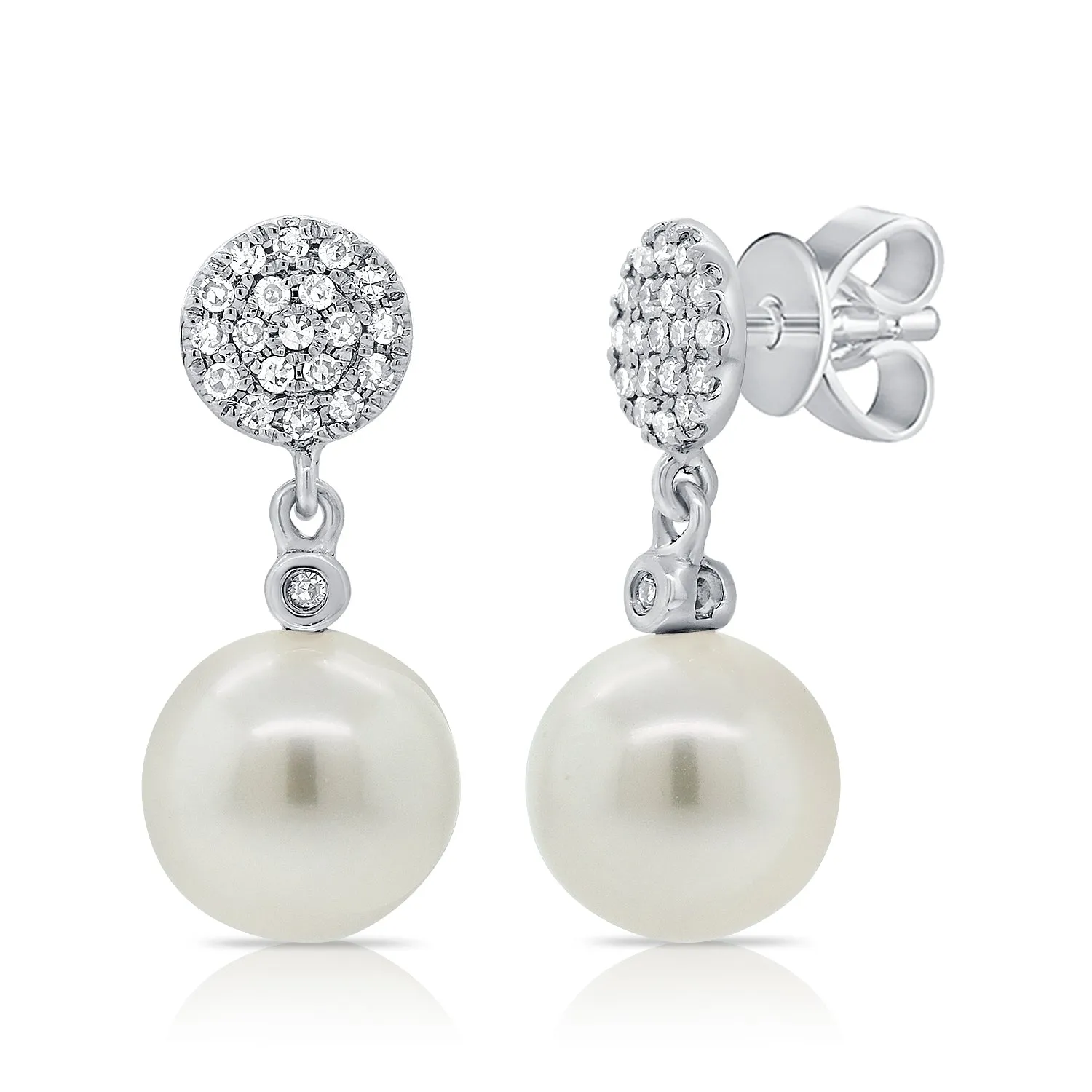 14K Rose Gold Diamond Disc   Pearl Earrings