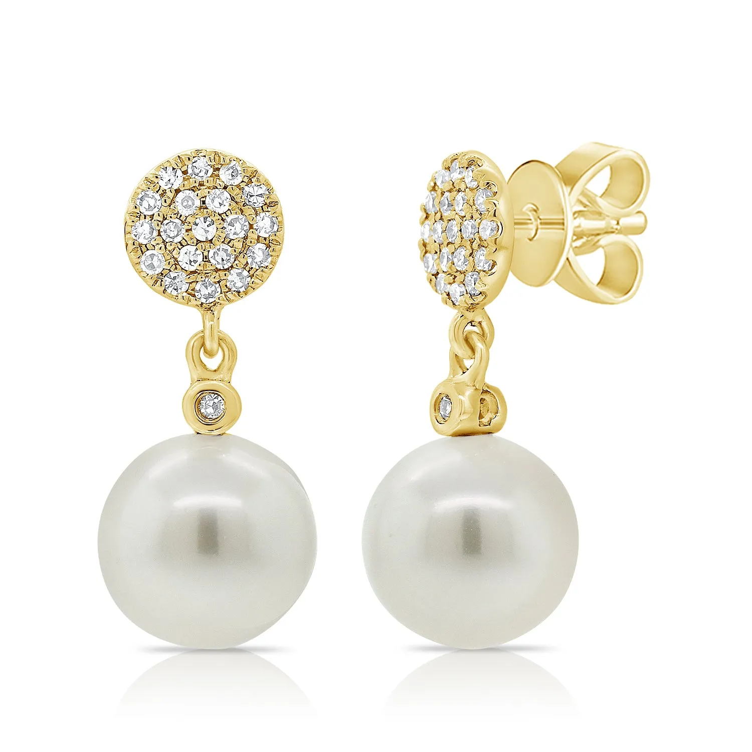 14K Rose Gold Diamond Disc   Pearl Earrings