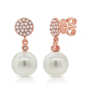 14K Rose Gold Diamond Disc   Pearl Earrings