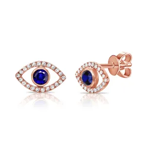 14K Rose Gold Diamond   Sapphire Evil Eye Earrings
