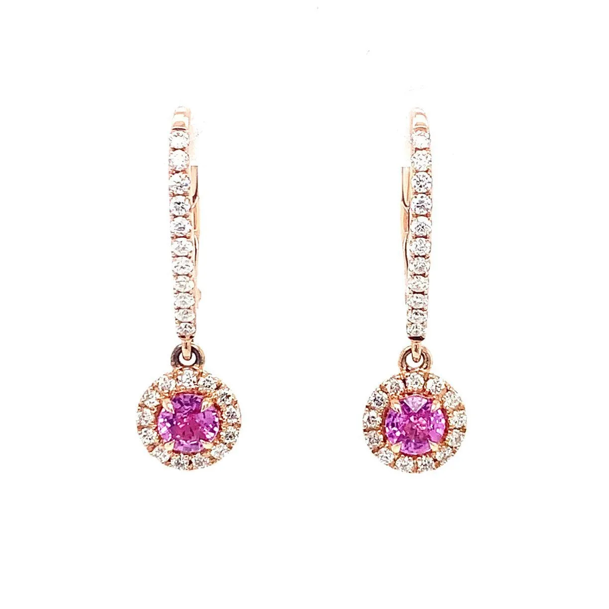 14K Rose Gold Pink Sapphire And Diamond Halo Drop Earrings (1.43ctw)
