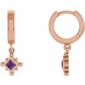14K Rose Natural Amethyst Beaded Bezel-Set Hoop Earrings