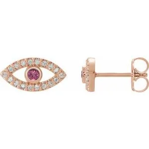 14K Rose Natural Pink Tourmaline & Natural White Sapphire Evil Eye Earrings