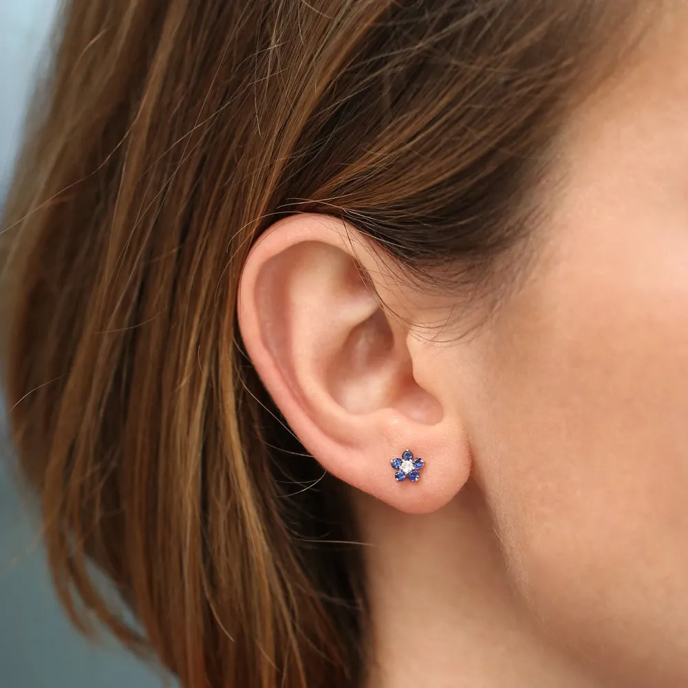 14k Sapphire and Diamond Flower Studs