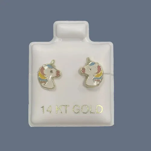 14K Solid Yellow Gold Unicorn Stud Earrings With Safety Backing