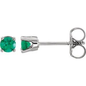 14K White 3 mm Round Imitation Emerald Youth Birthstone Earrings