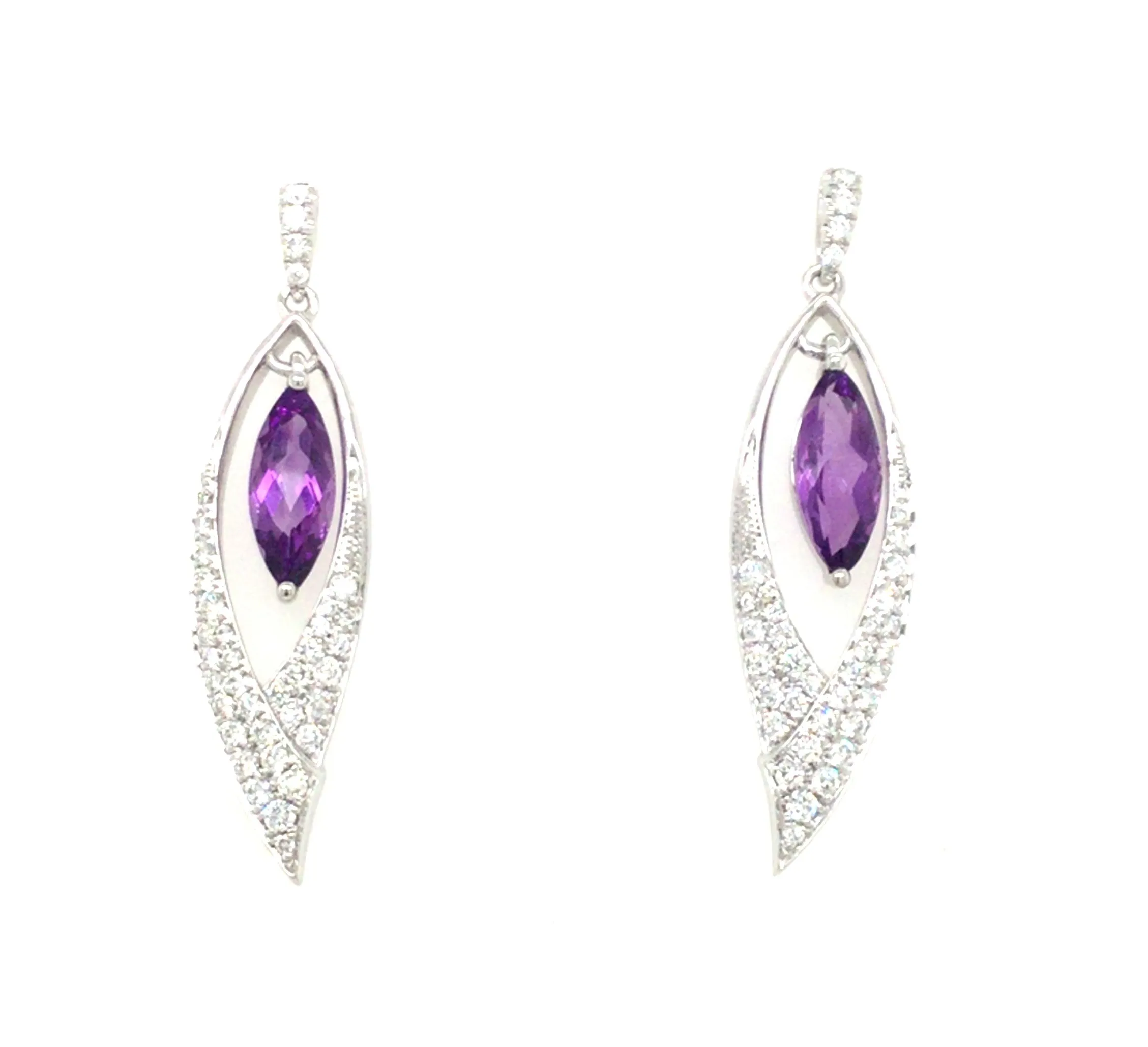 14K White Amethyst and Natural Diamond Dangle Earrings