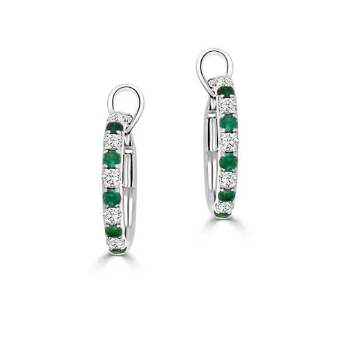 14k White Gold .23cttw Emerald & .22cttw Diamond Hoop Earrings