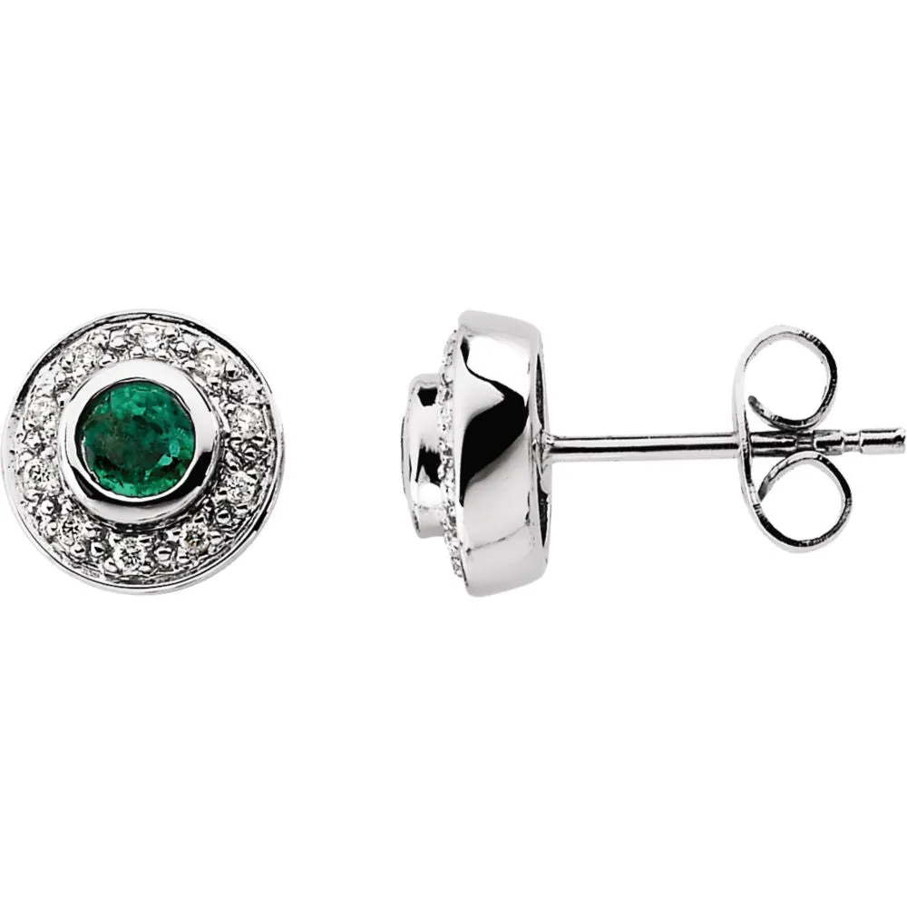 14k White Gold 3.5mm Round Emerald & 1/10 CTW Diamond Earrings