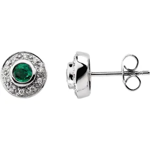 14k White Gold 3.5mm Round Emerald & 1/10 CTW Diamond Earrings