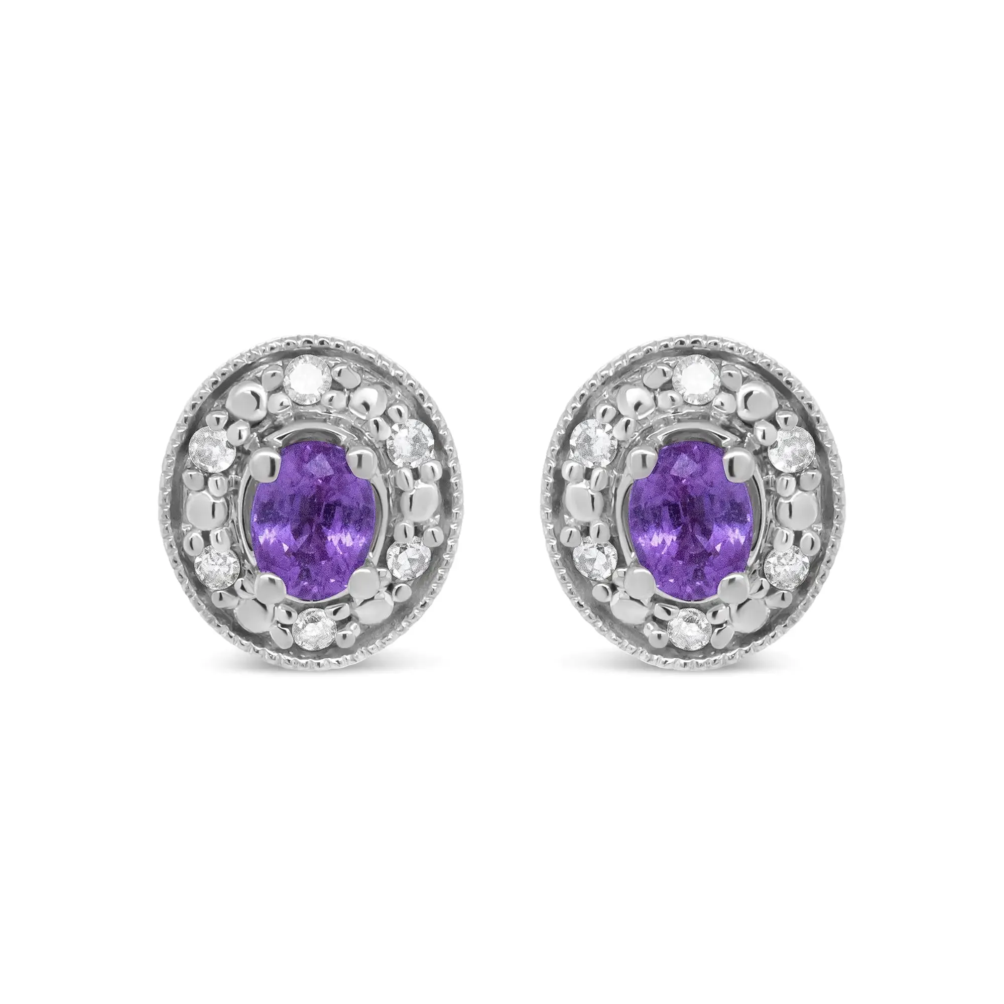 14K White Gold 4x3mm Round Pink Sapphire and 1/10 Cttw Round Diamond Halo Stud Earrings - (I-J Color, SI1-SI2 Clarity)