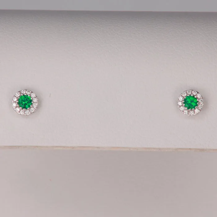 14K White Gold Emerald Stud Earrings With Diamond Halo .13 Carats