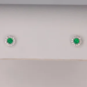 14K White Gold Emerald Stud Earrings With Diamond Halo .13 Carats