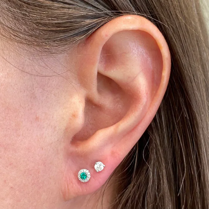 14K White Gold Emerald Stud Earrings With Diamond Halo .13 Carats